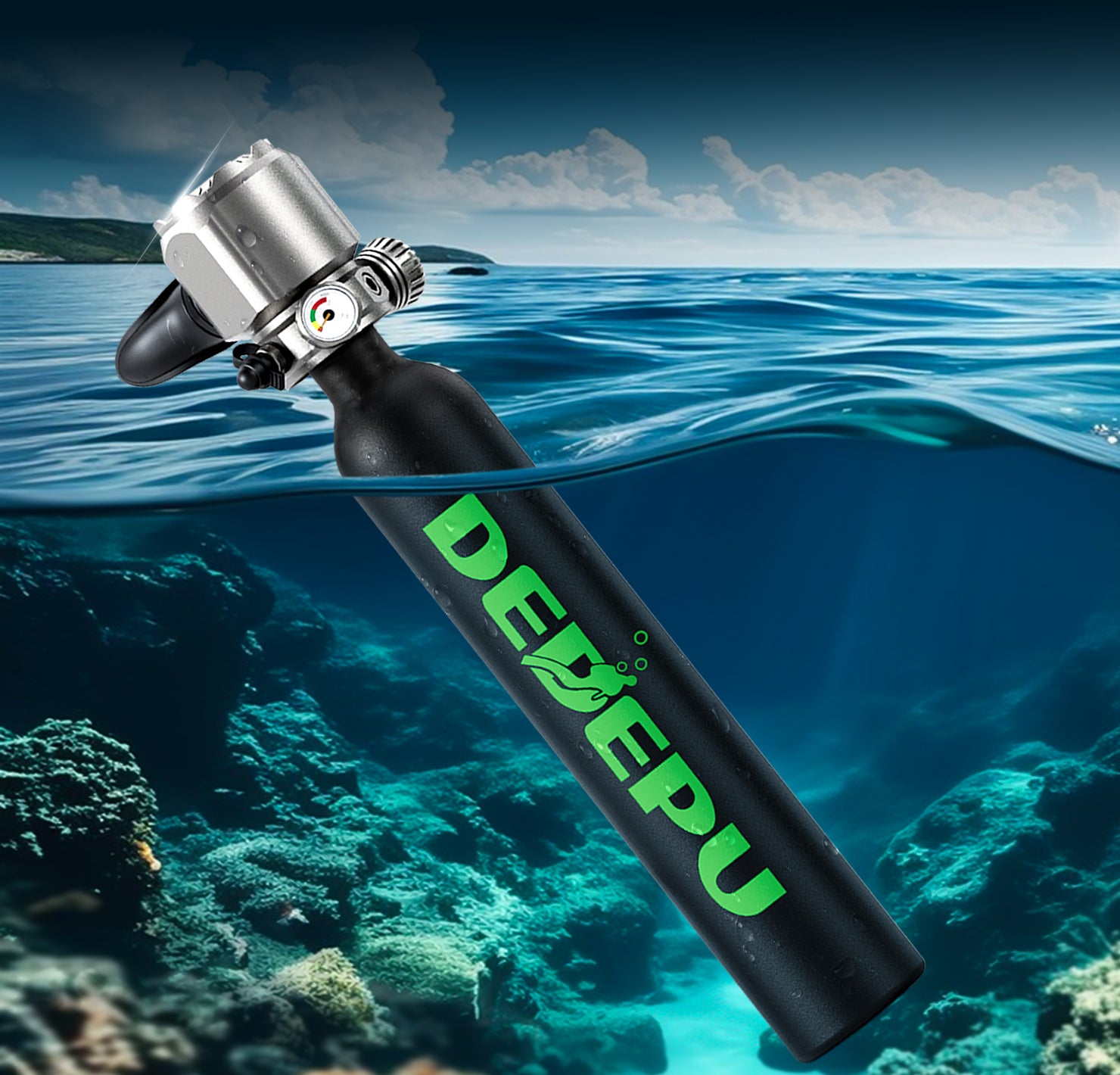 DEDEPU 0.5L titanium alloy breather valve, new model, submerged in seawater showcasing its durability and performance.